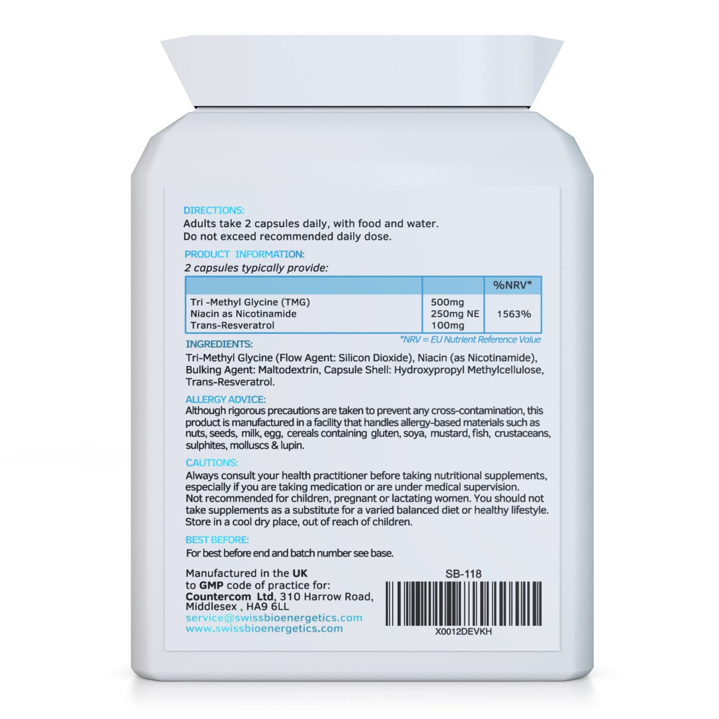 Vitamin B3 Nicotinamide (no Flush Niacin) balanced with Tri-Methyl Glycine (TMG) & Trans-Resveratrol