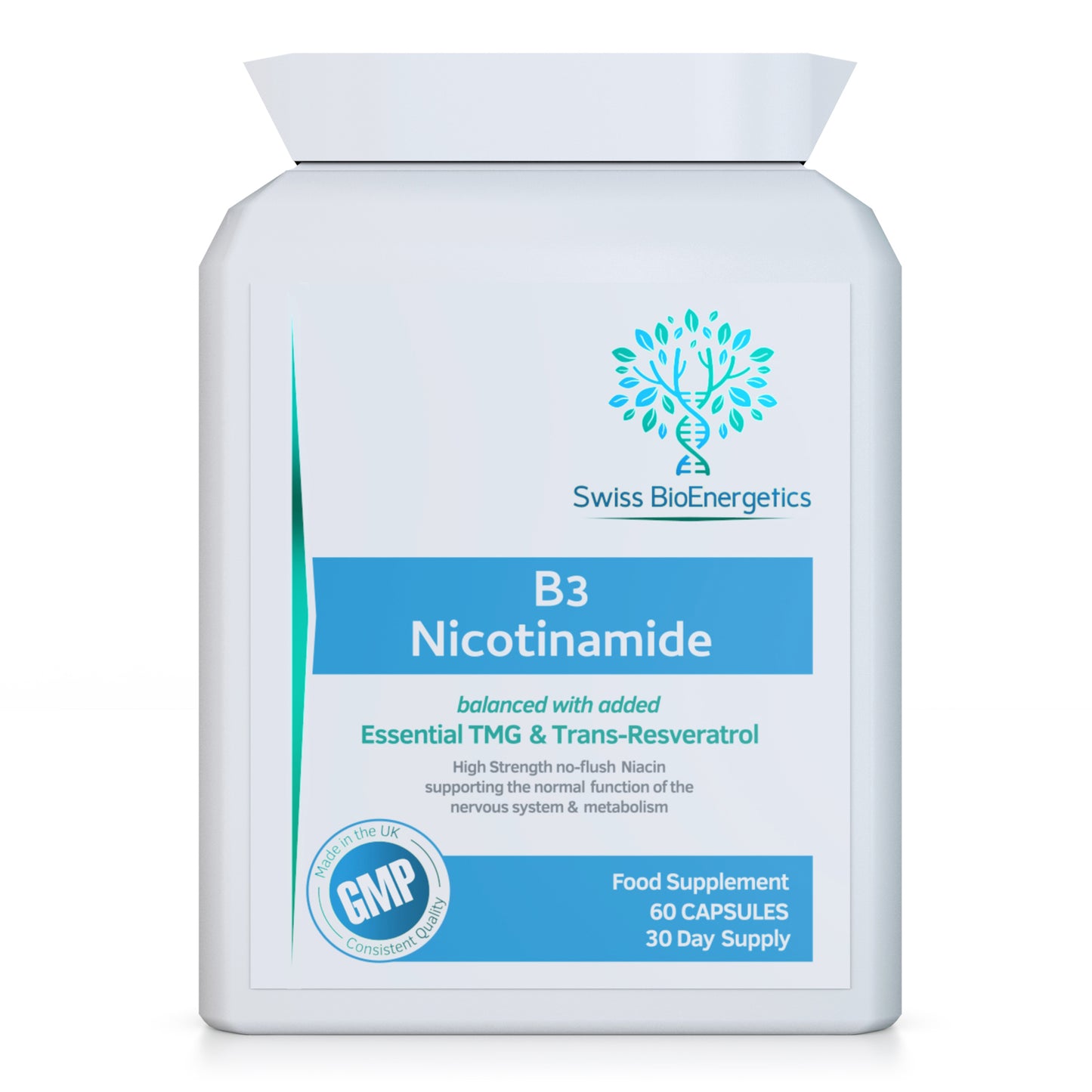 Vitamin B3 Nicotinamide (no Flush Niacin) balanced with Tri-Methyl Glycine (TMG) & Trans-Resveratrol
