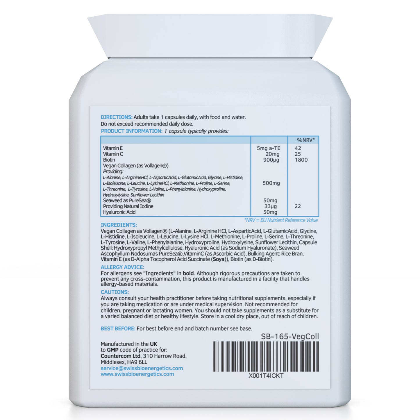 Swiss BioEnergetics Vegan Collagen & Hyaluronic Acid Complex - 60 Capsules