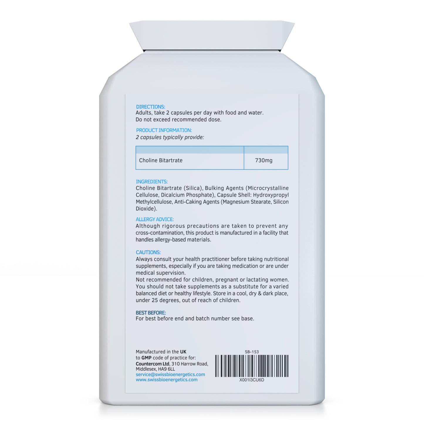 Choline Bitartrate 730mg Daily Dose, 120 Vegan Choline Supplement Capsules