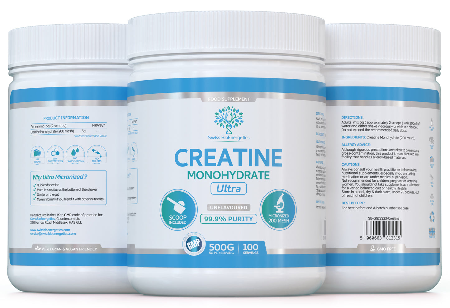 Swiss BioEnergetics Creatine Monohydrate Powder - 500g (100 Servings)