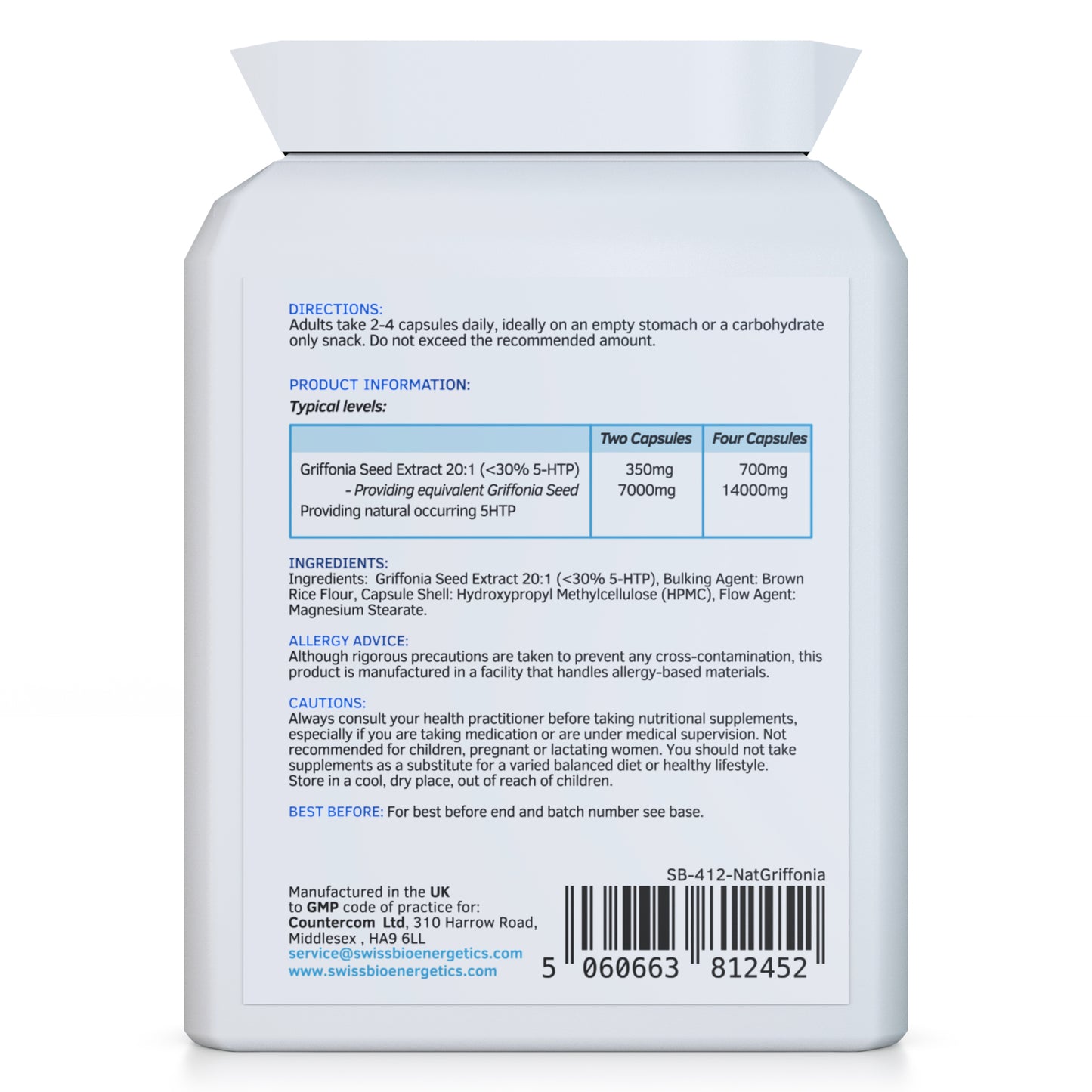 5HTP - Natural Griffonia Seed Extract Supplement – 90 Capsules - Made in The UK to the GMP code of practice