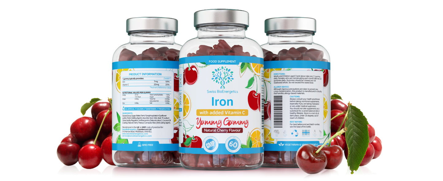Iron Gummies with Added Vitamin C - 60 Natural Cherry Flavour Chewable Yummy Gummies