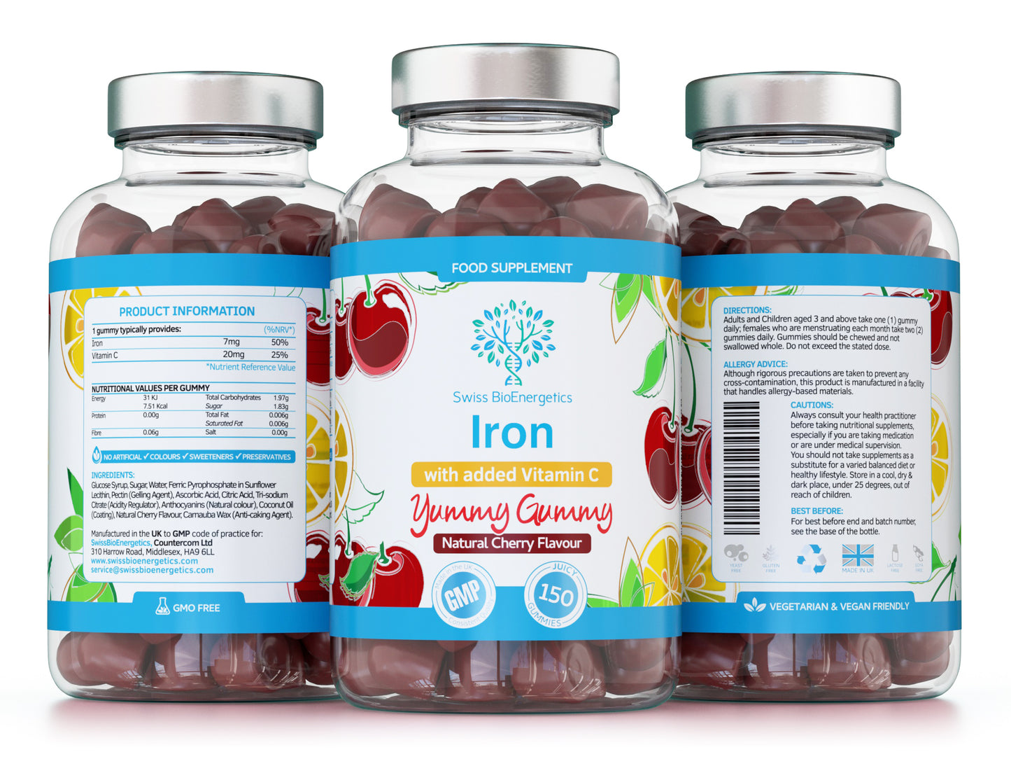 Iron Gummies with Added Vitamin C - 150 Natural Cherry Flavour Chewable Yummy Gummies