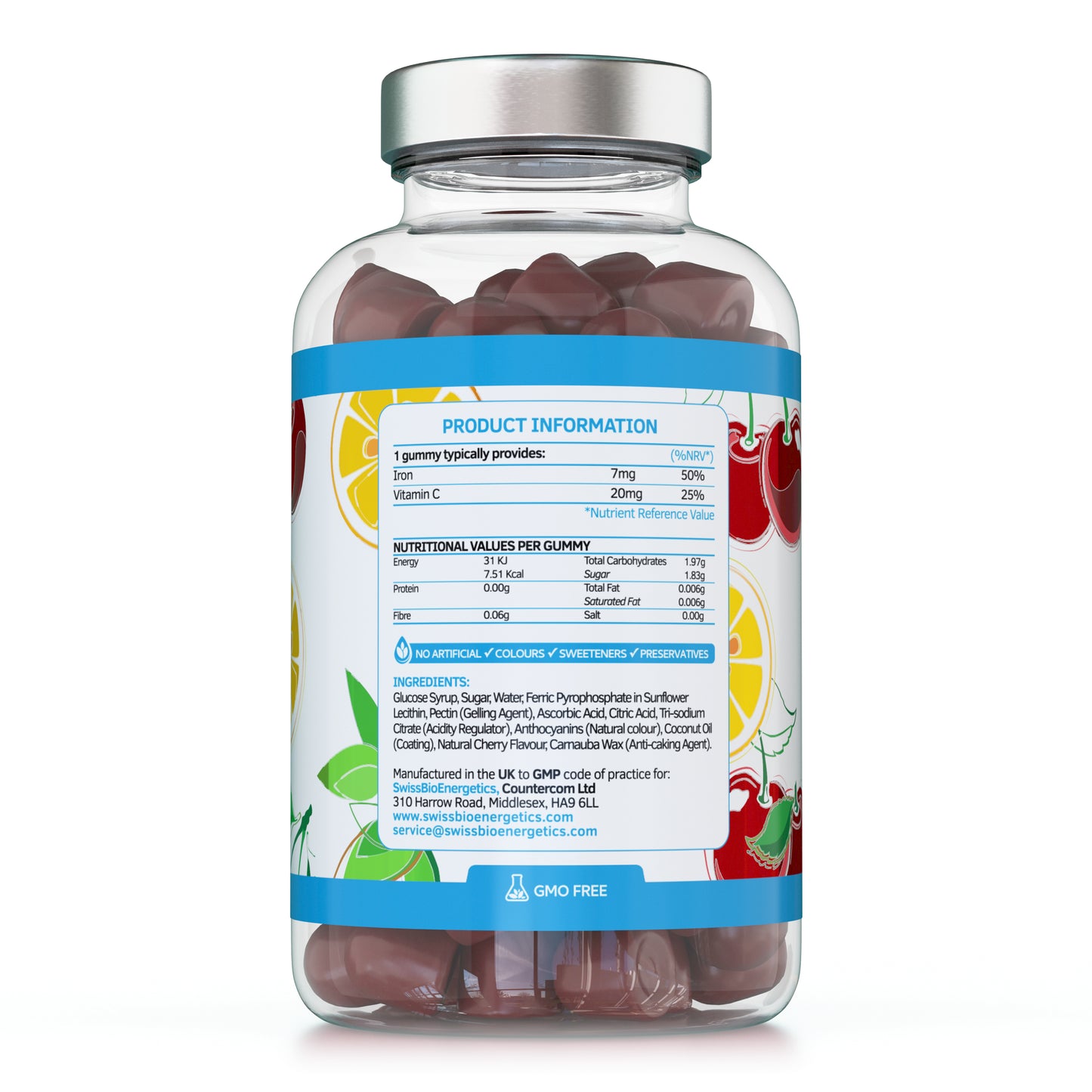 Iron Gummies with Added Vitamin C - 60 Natural Cherry Flavour Chewable Yummy Gummies