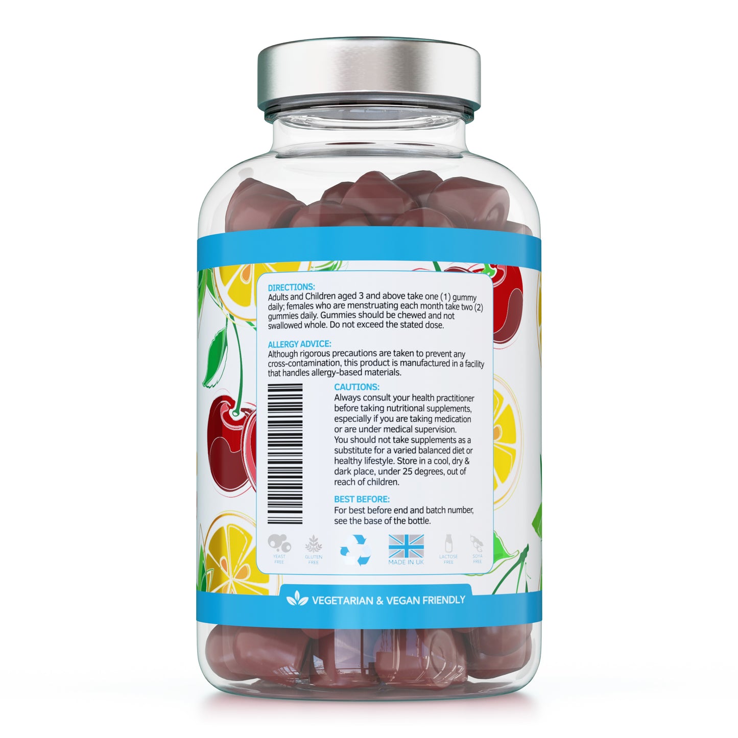 Iron Gummies with Added Vitamin C - 150 Natural Cherry Flavour Chewable Yummy Gummies