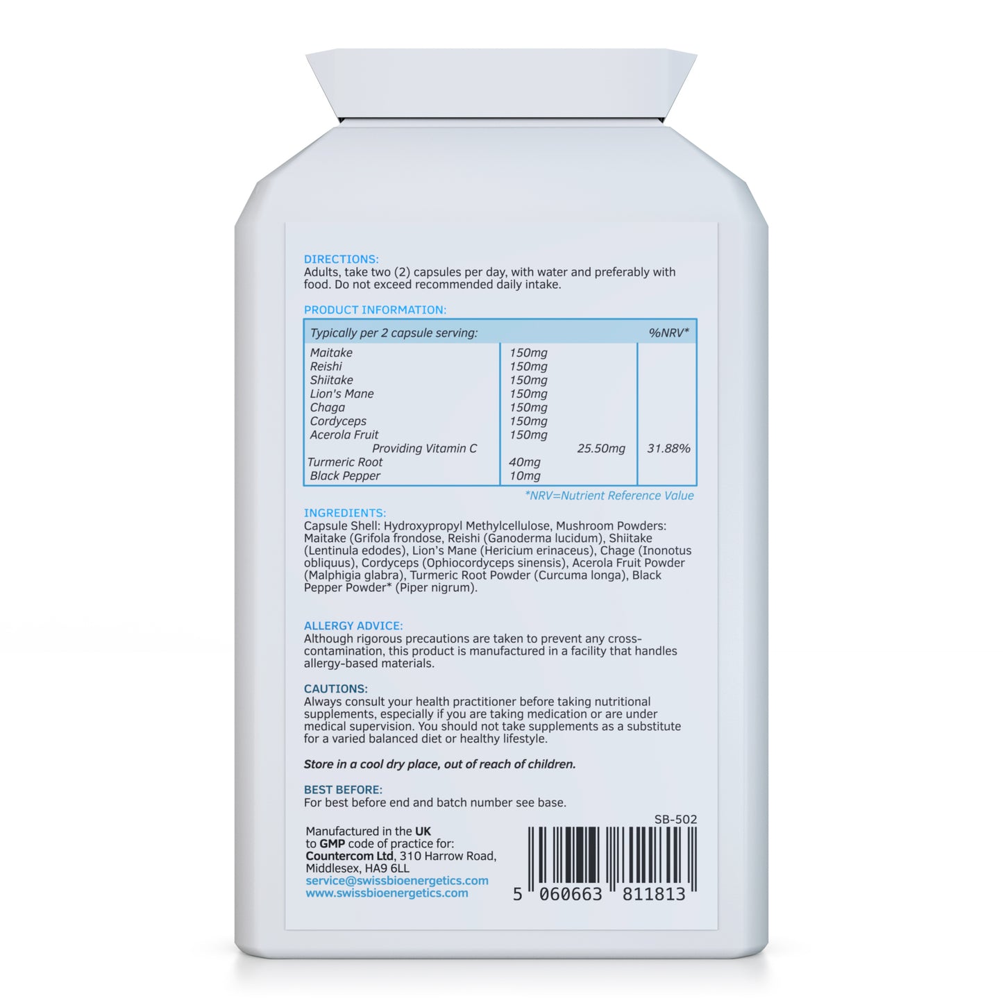 Mushroom Complex - Lion's Mane, Reishi, Chaga, Cordyceps, Shitake and Maitake - added Turmeric & Acerola Fruit - 120 Capsules