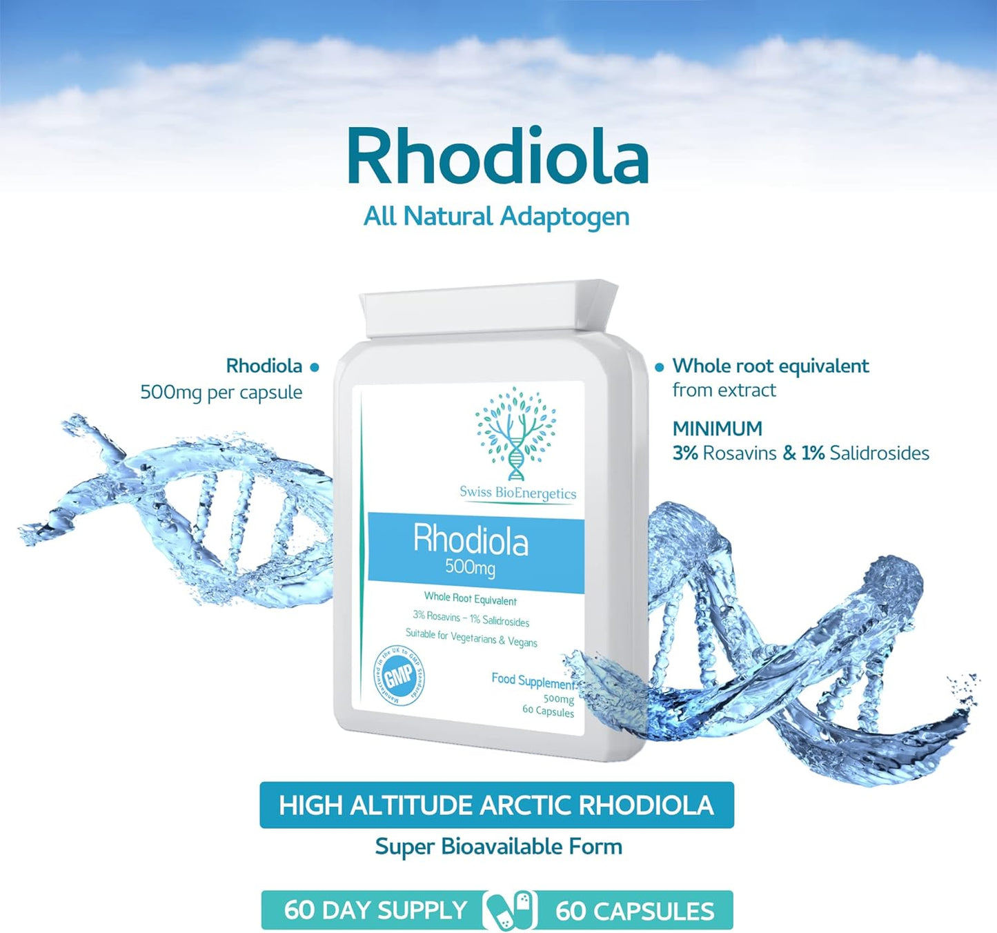 Rhodiola 500mg  (3% Rosavins - 1% Salidrosides) Whole Root Equivalent  60 Capsules