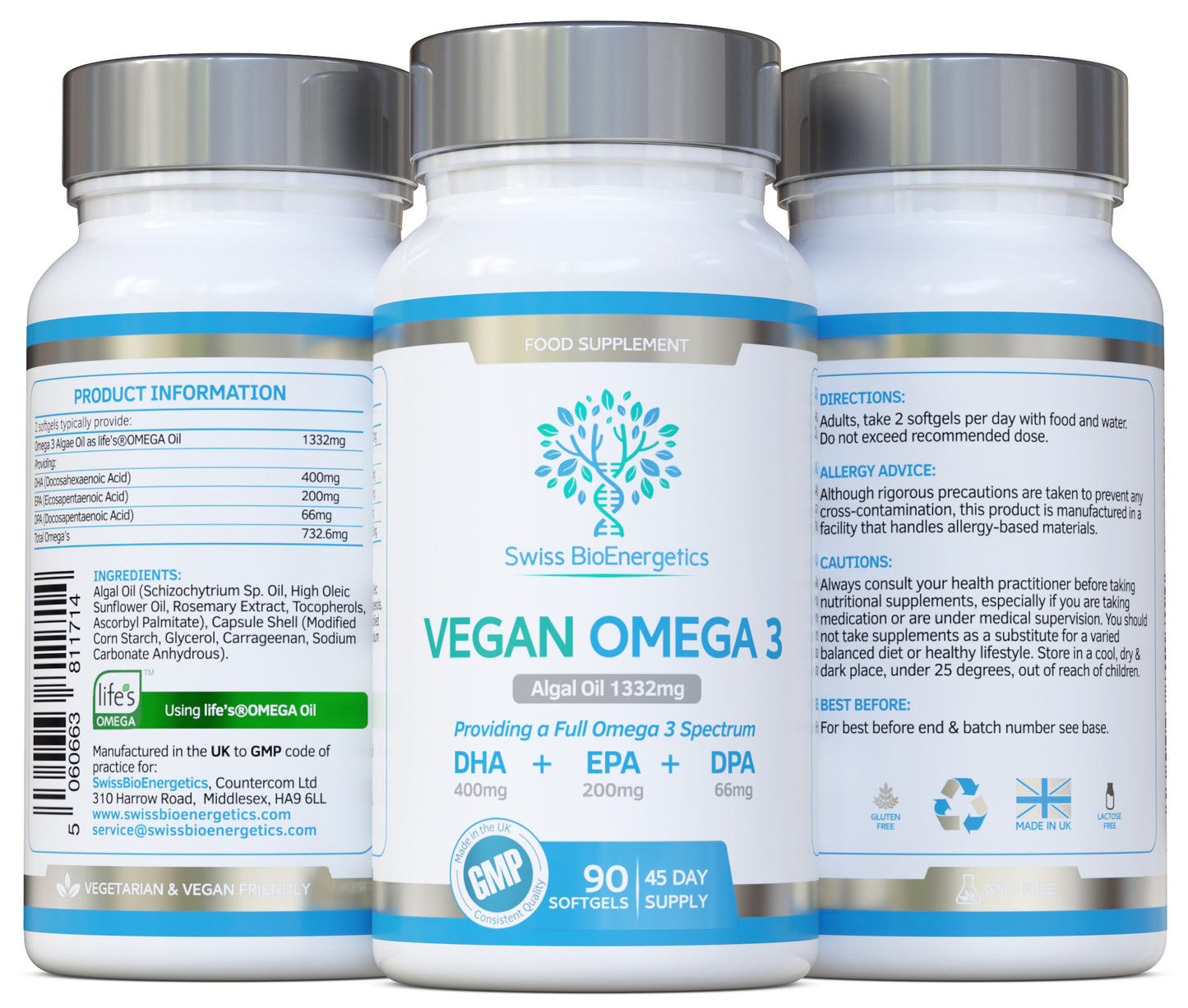 Vegan Omega 3 - Full Spectrum DHA, EPA & DPA - 90 Softgels of Lifes Omega Algal Oil