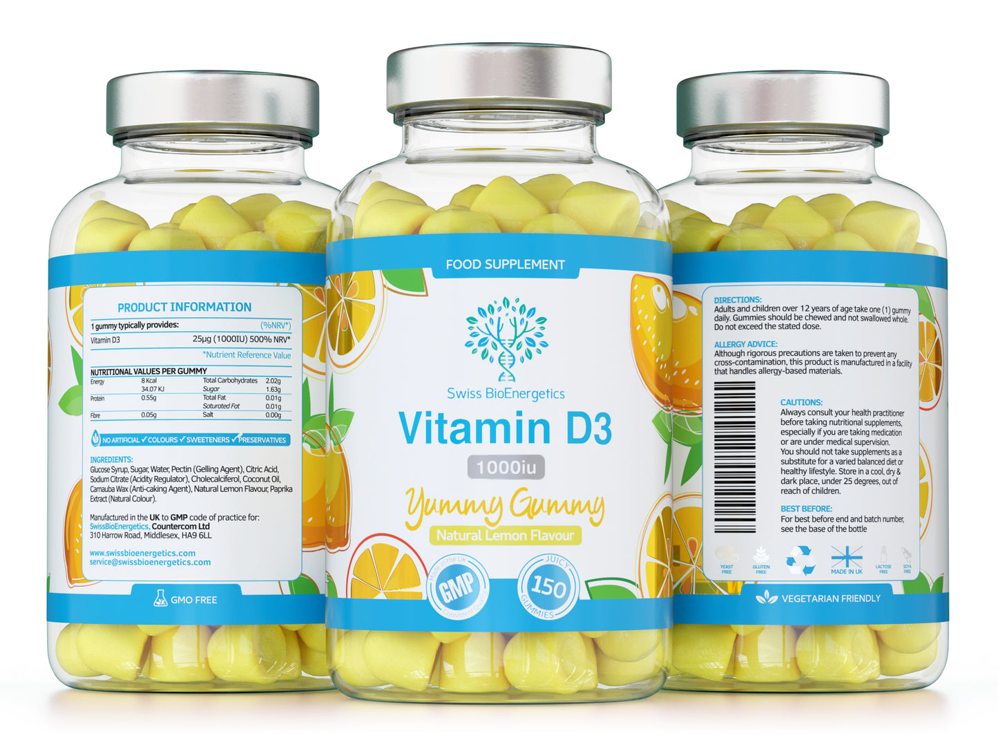 Vitamin D3 Gummies 25µg 1000IU - 150 Natural Lemon Flavour Chewable Yummy Gummies